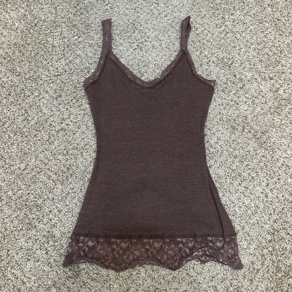 Vintage Unbranded Womens Cami Small Brown Preowned Y2K Lace Trim Ribbed Tank